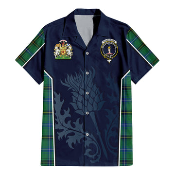 Henderson Ancient Tartan Short Sleeve Button Up Shirt with Family Crest and Scottish Thistle Vibes Sport Style