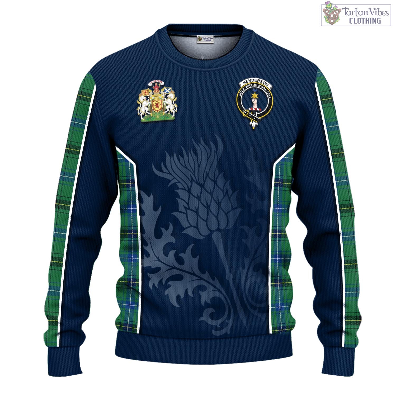 Tartan Vibes Clothing Henderson Ancient Tartan Knitted Sweatshirt with Family Crest and Scottish Thistle Vibes Sport Style