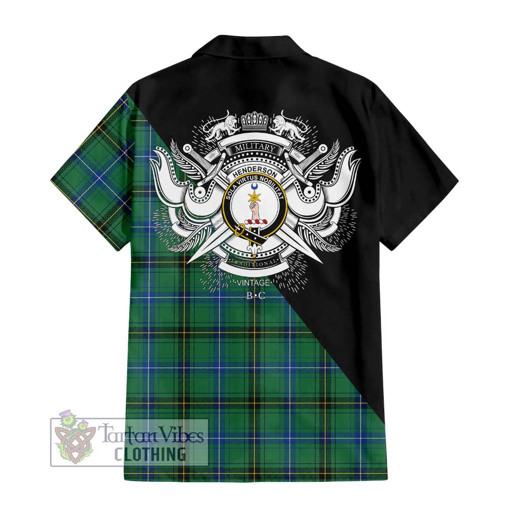 Henderson Ancient Tartan Short Sleeve Button Shirt with Family Crest and Military Logo Style - Tartanvibesclothing Shop