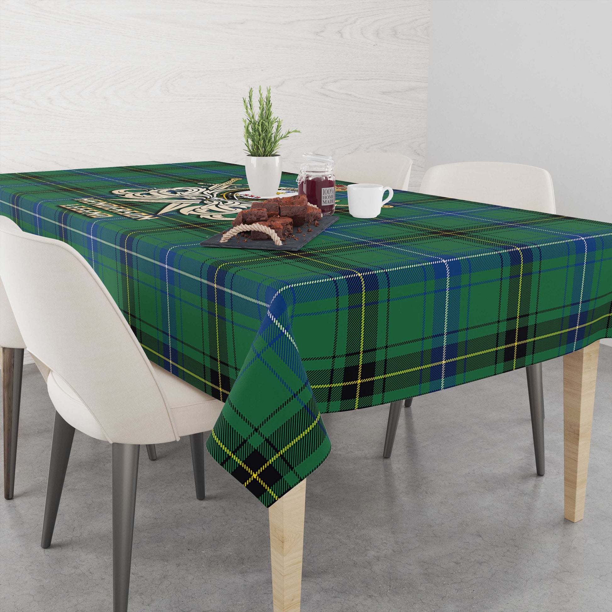 Tartan Vibes Clothing Henderson Ancient Tartan Tablecloth with Clan Crest and the Golden Sword of Courageous Legacy