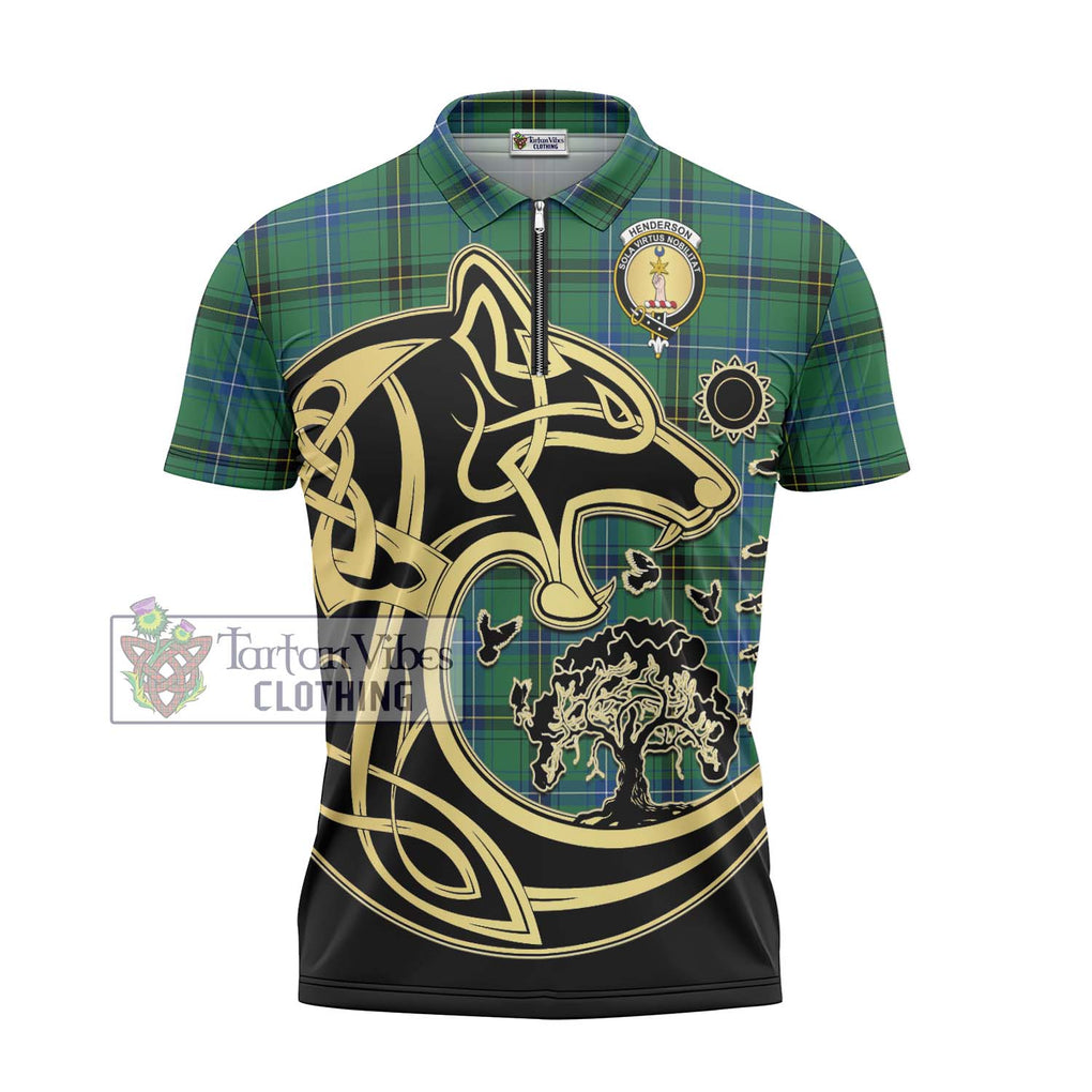 Henderson Ancient Tartan Zipper Polo Shirt with Family Crest Celtic Wolf Style - Tartanvibesclothing Shop