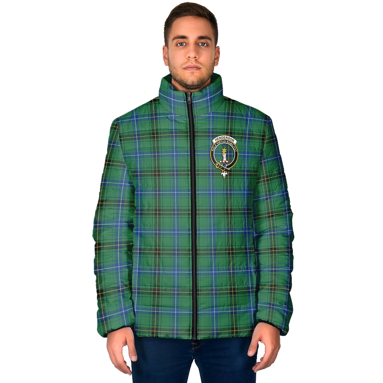 Henderson Ancient Tartan Padded Jacket with Family Crest - Tartan Vibes Clothing