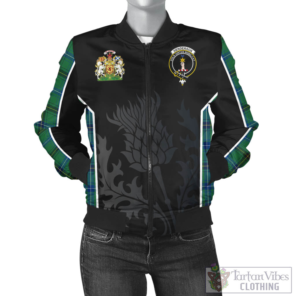 Tartan Vibes Clothing Henderson Ancient Tartan Bomber Jacket with Family Crest and Scottish Thistle Vibes Sport Style