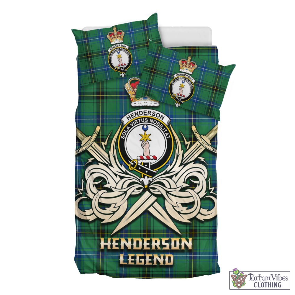 Tartan Vibes Clothing Henderson Ancient Tartan Bedding Set with Clan Crest and the Golden Sword of Courageous Legacy