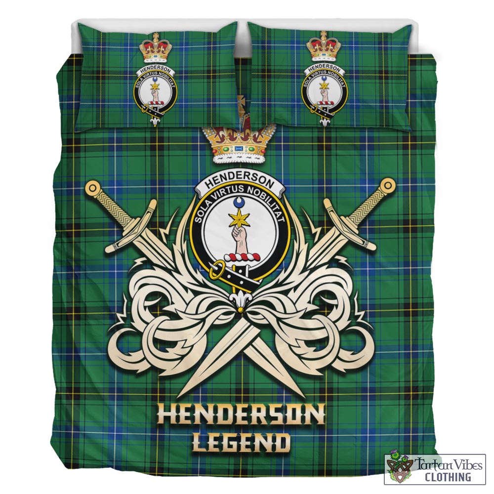 Tartan Vibes Clothing Henderson Ancient Tartan Bedding Set with Clan Crest and the Golden Sword of Courageous Legacy