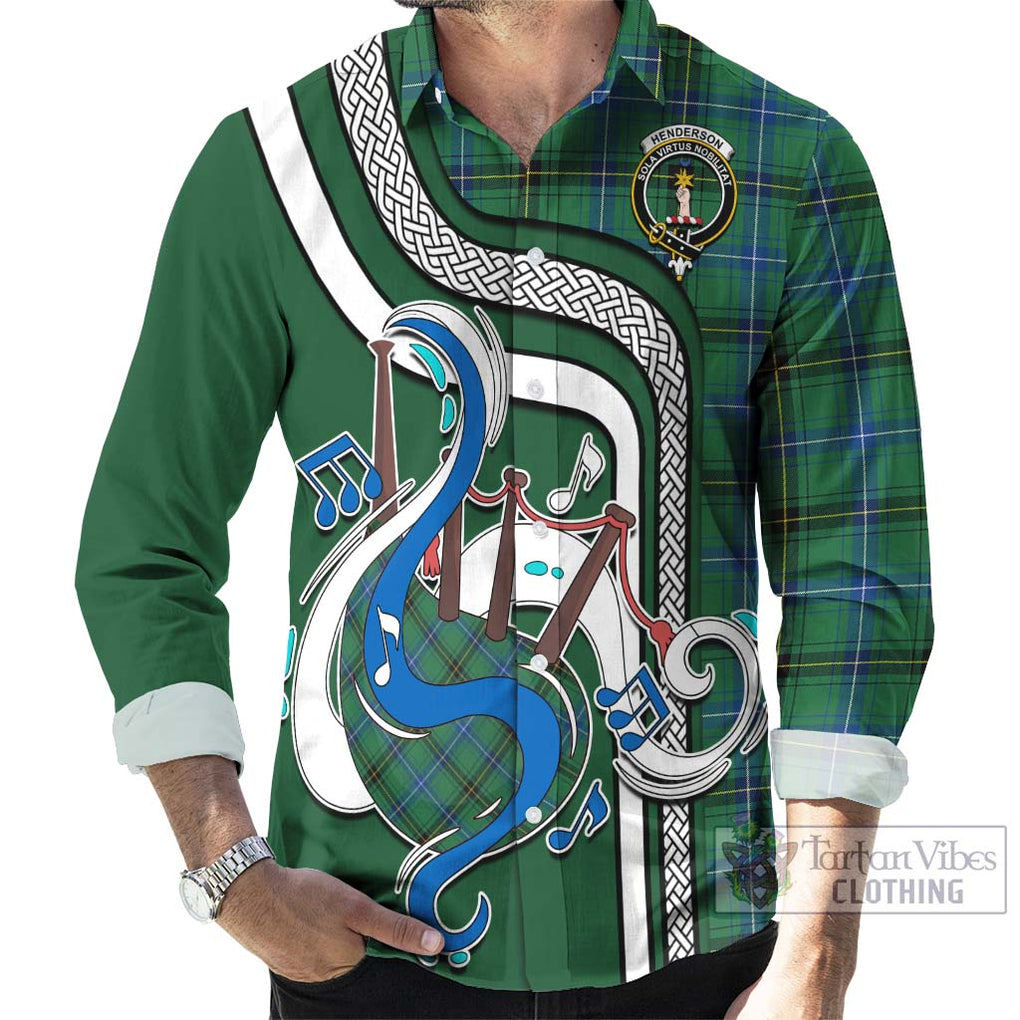 Henderson Ancient Tartan Long Sleeve Button Shirt with Epic Bagpipe Style - Tartanvibesclothing Shop