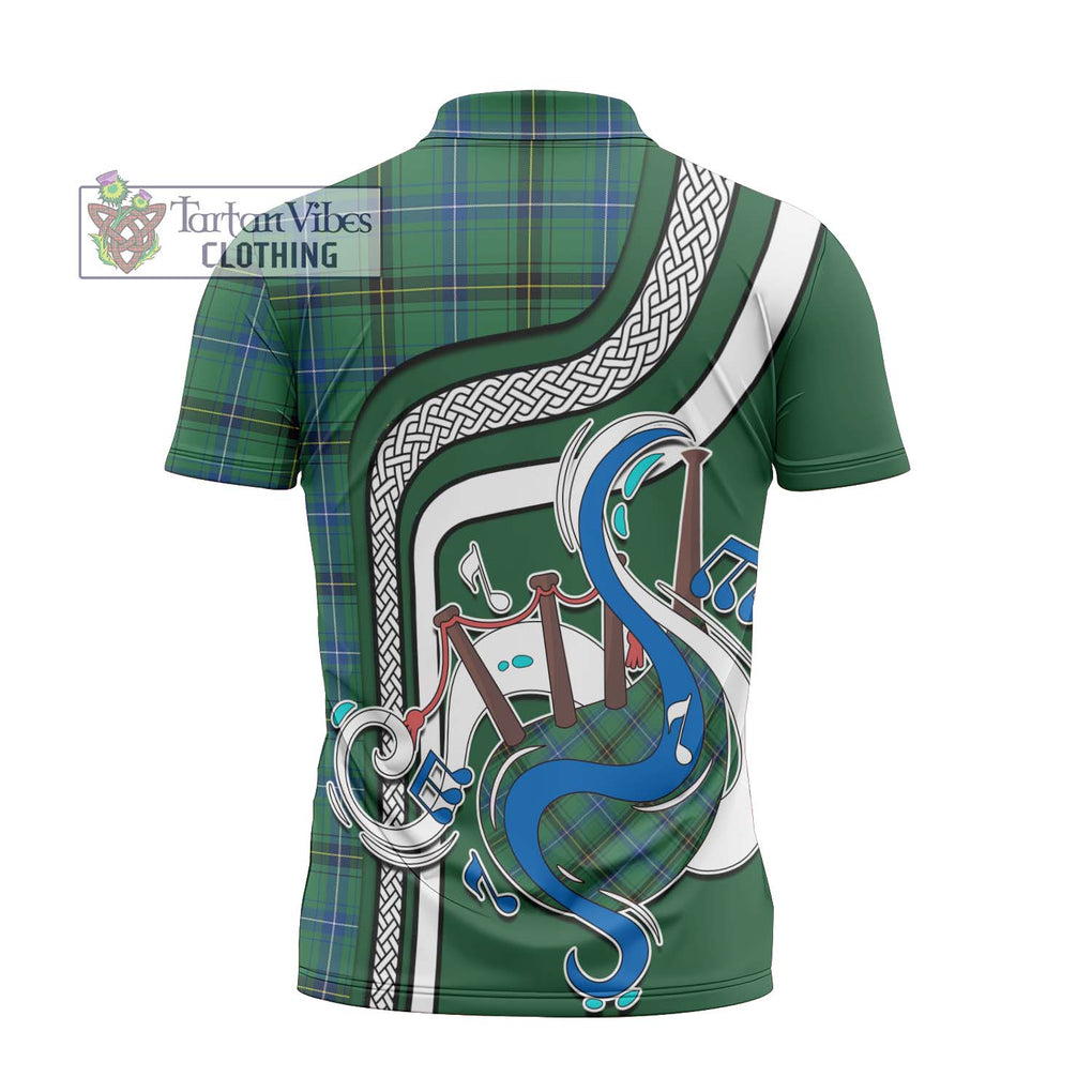 Henderson Ancient Tartan Zipper Polo Shirt with Epic Bagpipe Style - Tartanvibesclothing Shop