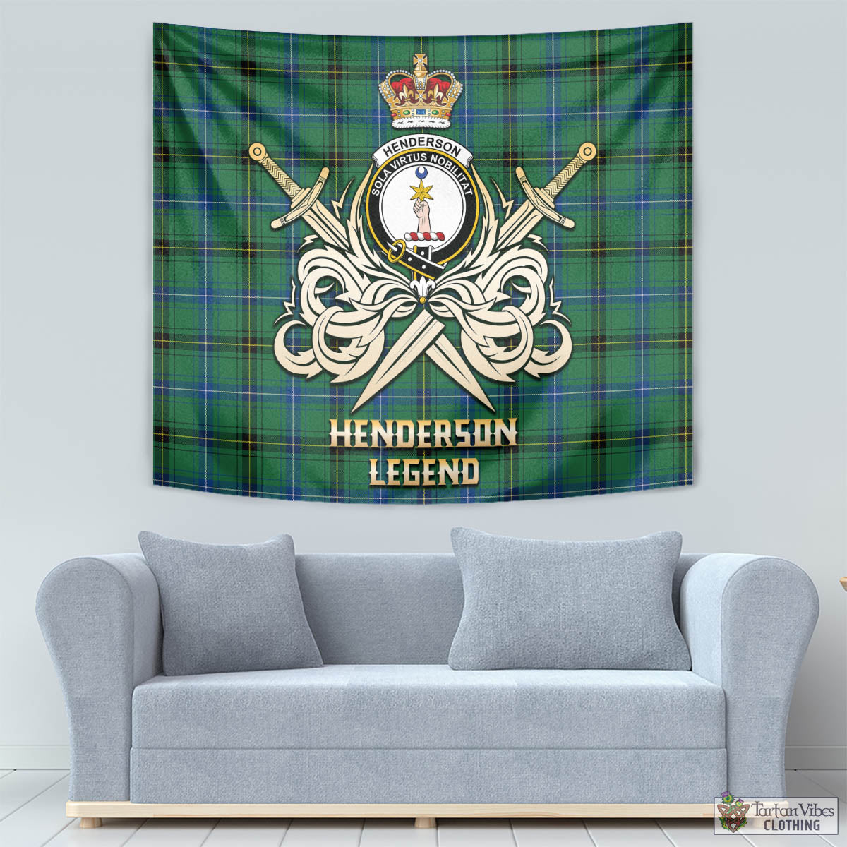 Tartan Vibes Clothing Henderson Ancient Tartan Tapestry with Clan Crest and the Golden Sword of Courageous Legacy