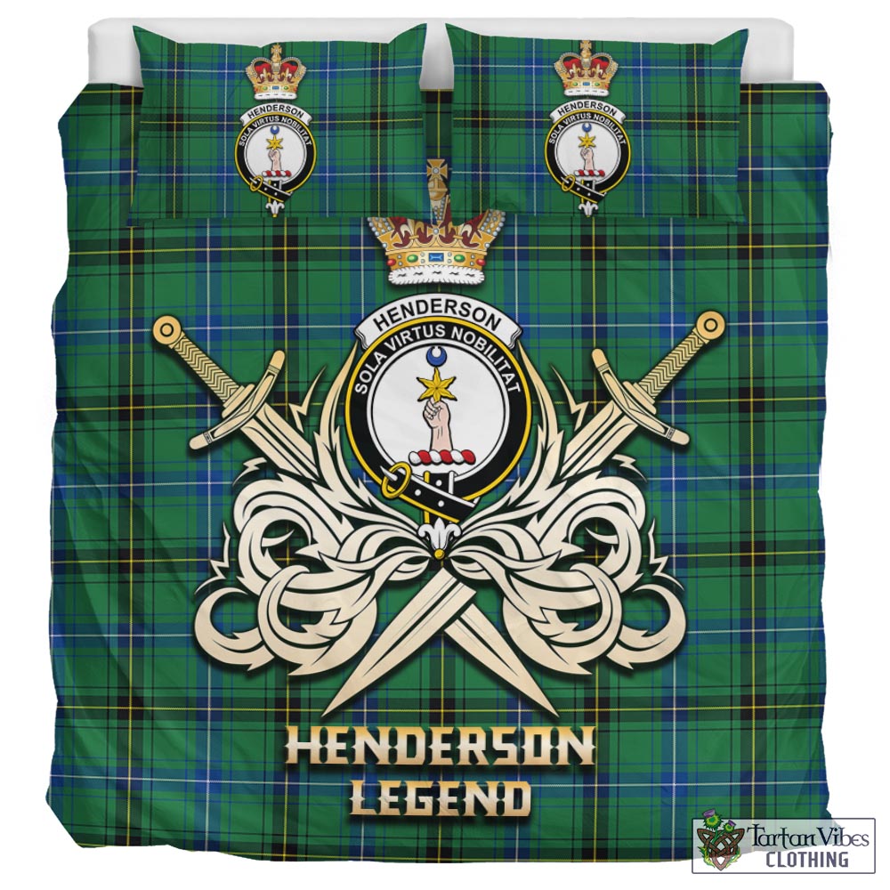 Tartan Vibes Clothing Henderson Ancient Tartan Bedding Set with Clan Crest and the Golden Sword of Courageous Legacy