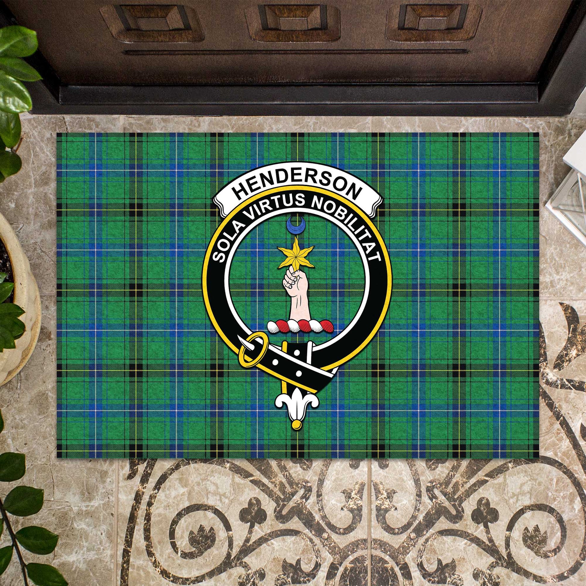 Henderson Ancient Tartan Door Mat with Family Crest - Tartanvibesclothing