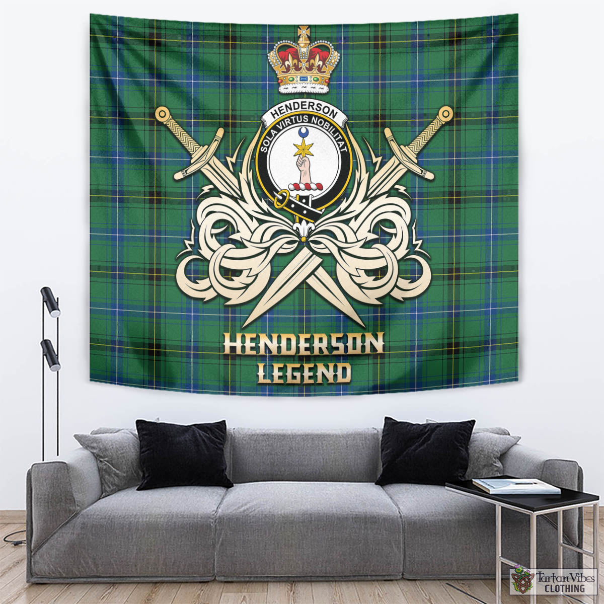 Tartan Vibes Clothing Henderson Ancient Tartan Tapestry with Clan Crest and the Golden Sword of Courageous Legacy