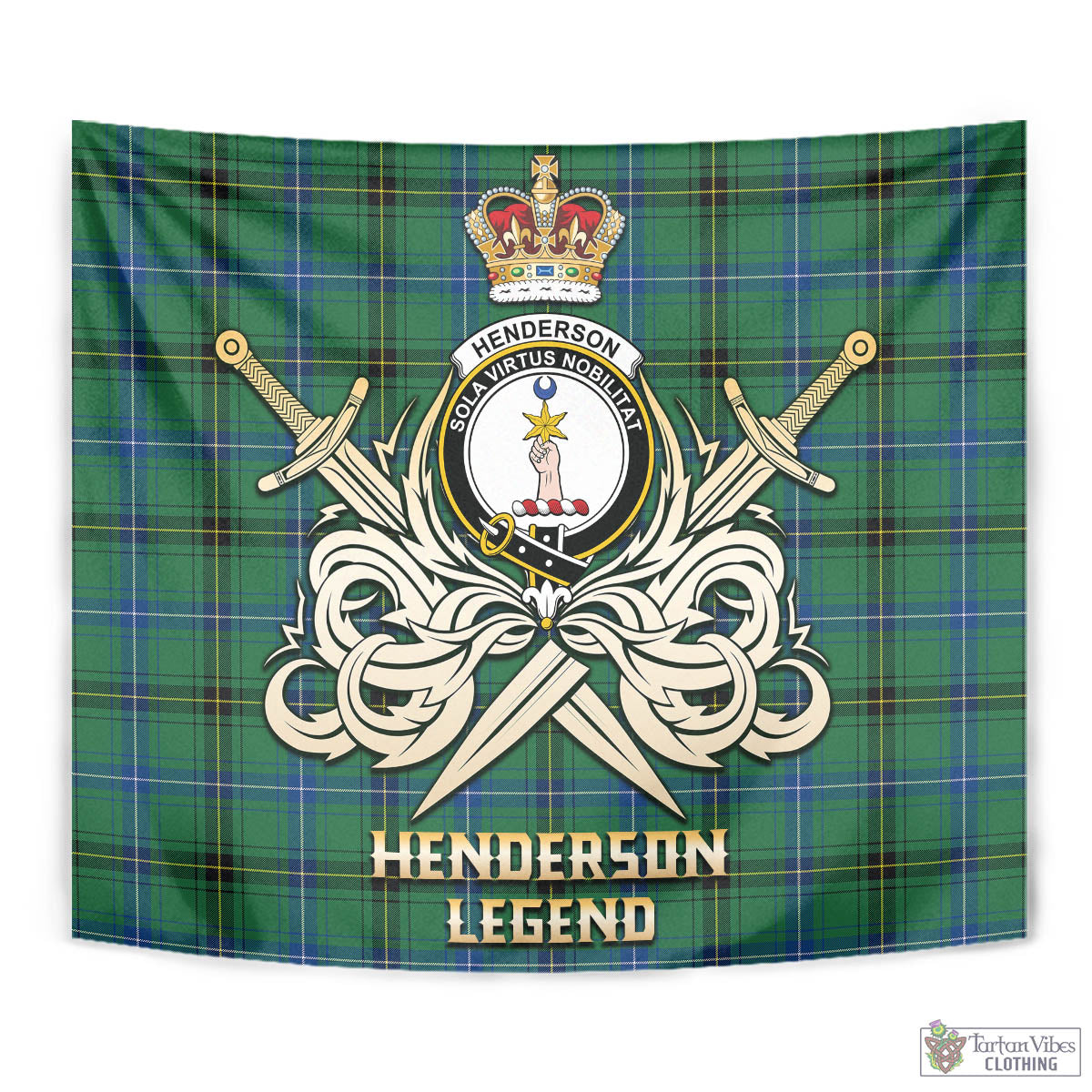 Tartan Vibes Clothing Henderson Ancient Tartan Tapestry with Clan Crest and the Golden Sword of Courageous Legacy