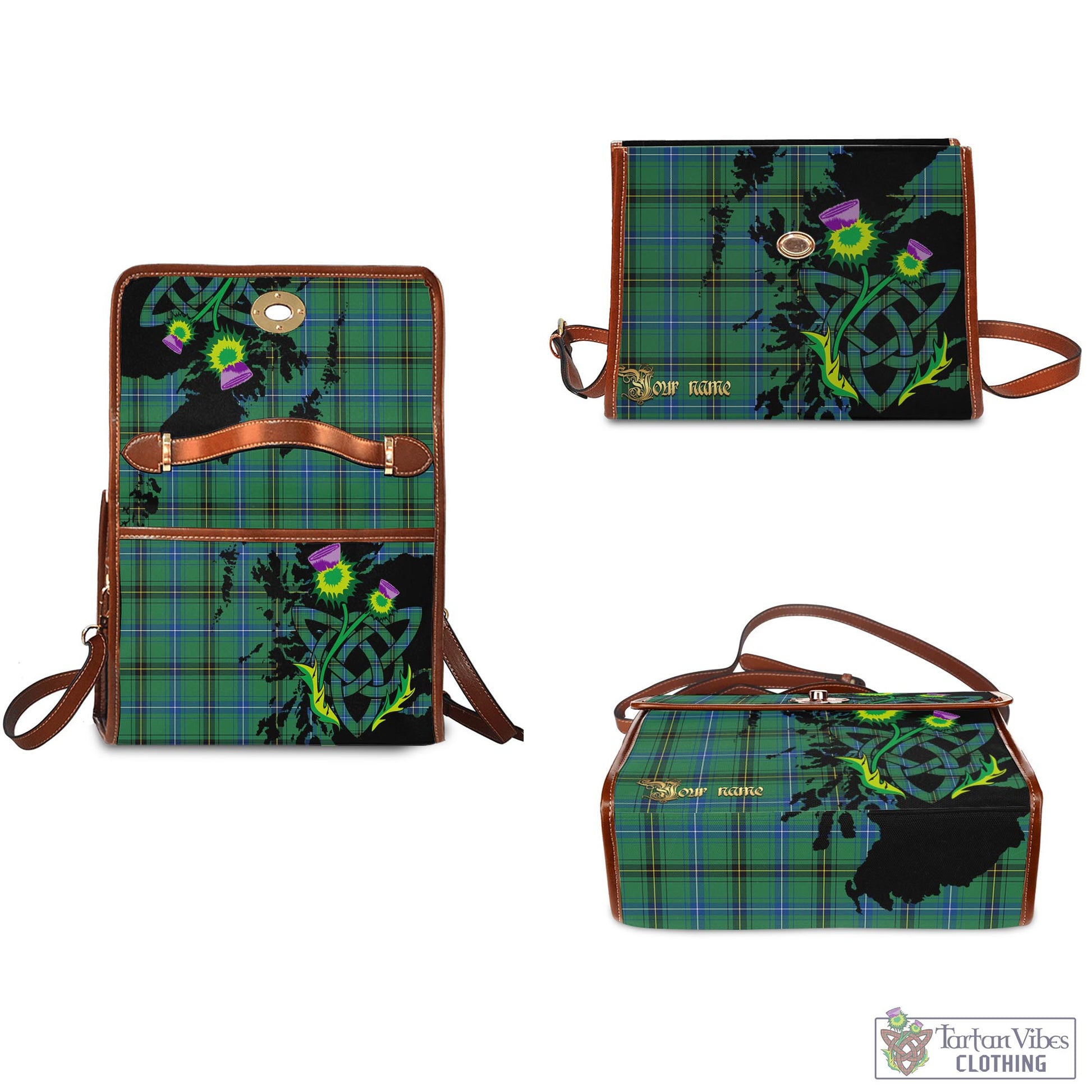 Tartan Vibes Clothing Henderson Ancient Tartan Waterproof Canvas Bag with Scotland Map and Thistle Celtic Accents