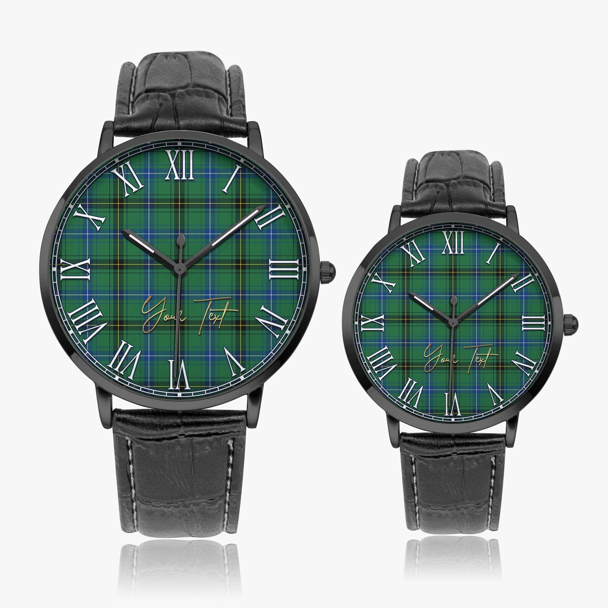 Henderson Ancient Tartan Personalized Your Text Leather Trap Quartz Watch Ultra Thin Black Case With Black Leather Strap - Tartanvibesclothing