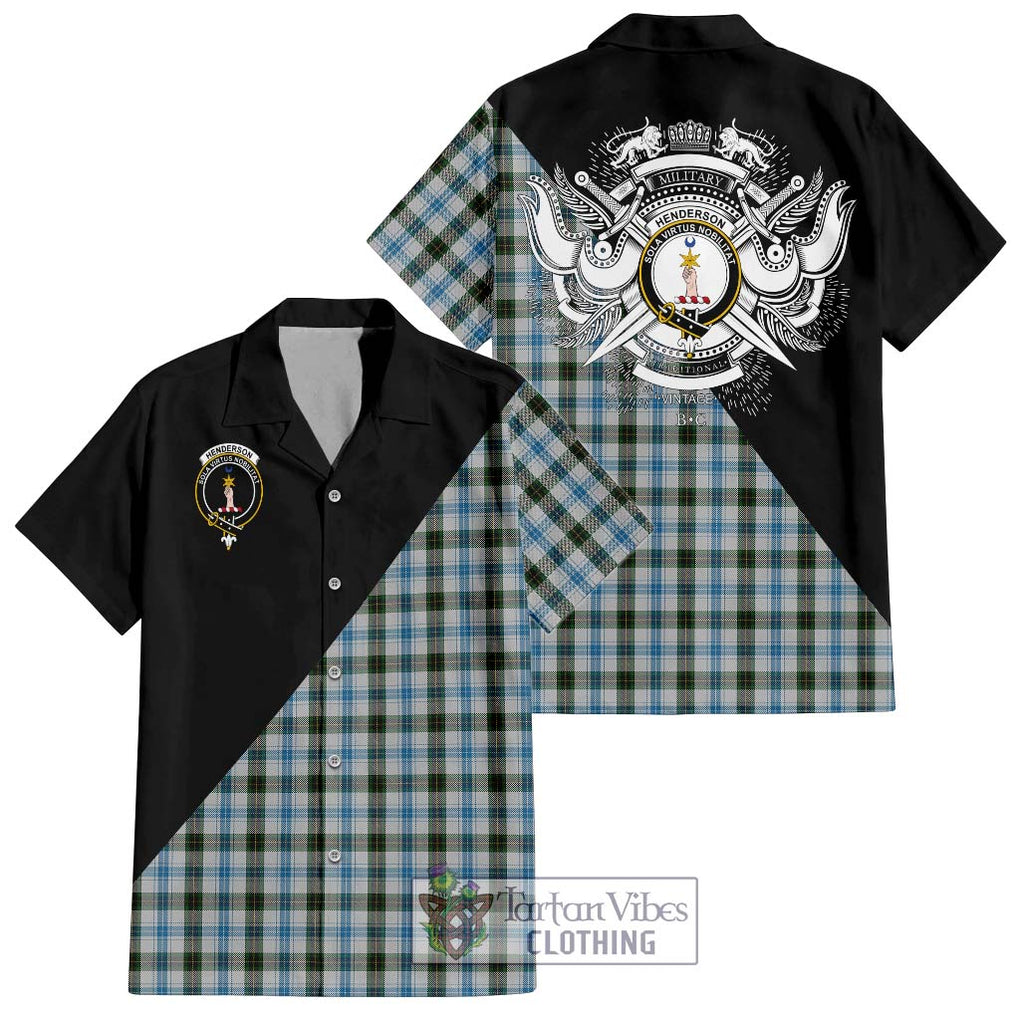 Henderson Dress Tartan Short Sleeve Button Shirt with Family Crest and Military Logo Style Kid - Tartanvibesclothing Shop