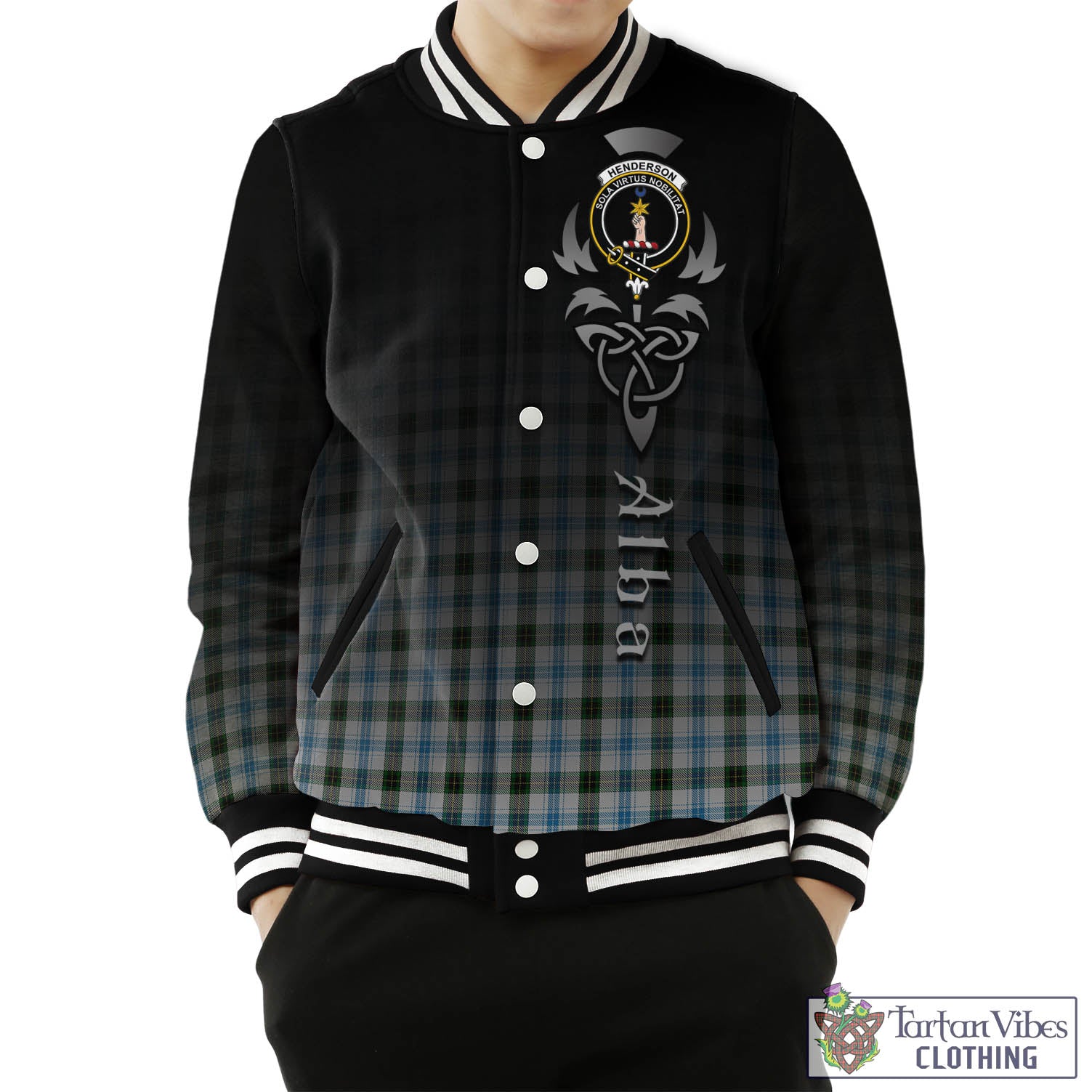 Tartan Vibes Clothing Henderson Dress Tartan Baseball Jacket Featuring Alba Gu Brath Family Crest Celtic Inspired