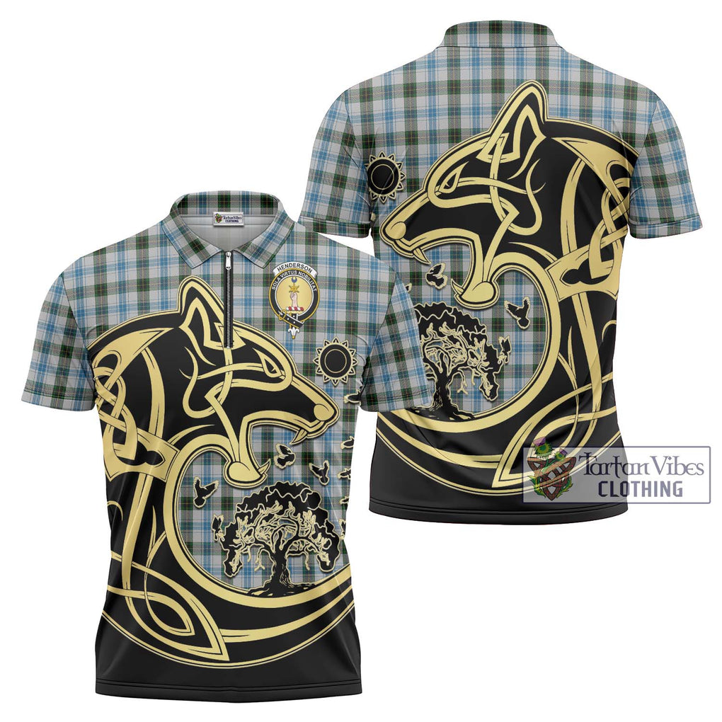 Henderson Dress Tartan Zipper Polo Shirt with Family Crest Celtic Wolf Style Unisex - Tartanvibesclothing Shop