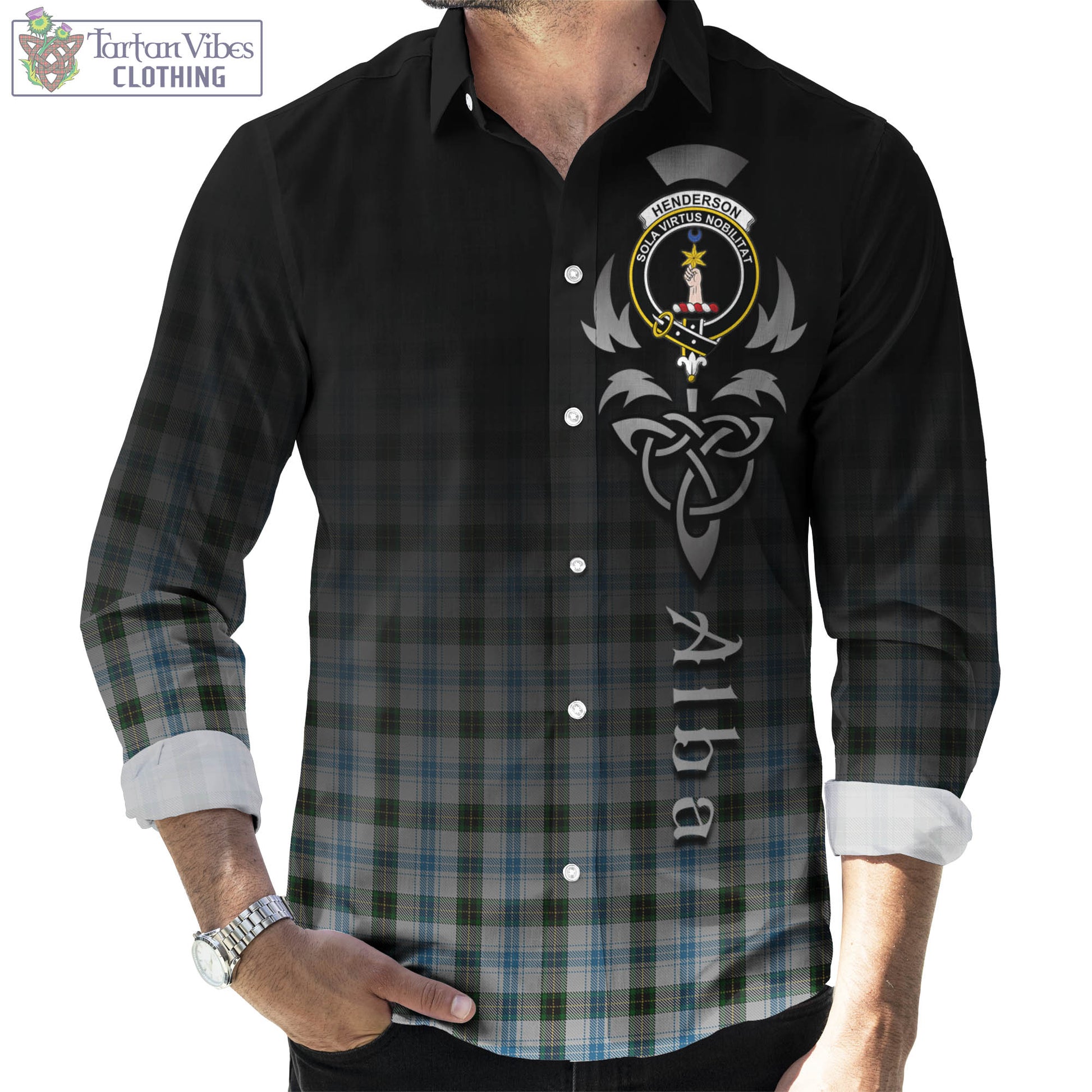 Tartan Vibes Clothing Henderson Dress Tartan Long Sleeve Button Up Featuring Alba Gu Brath Family Crest Celtic Inspired