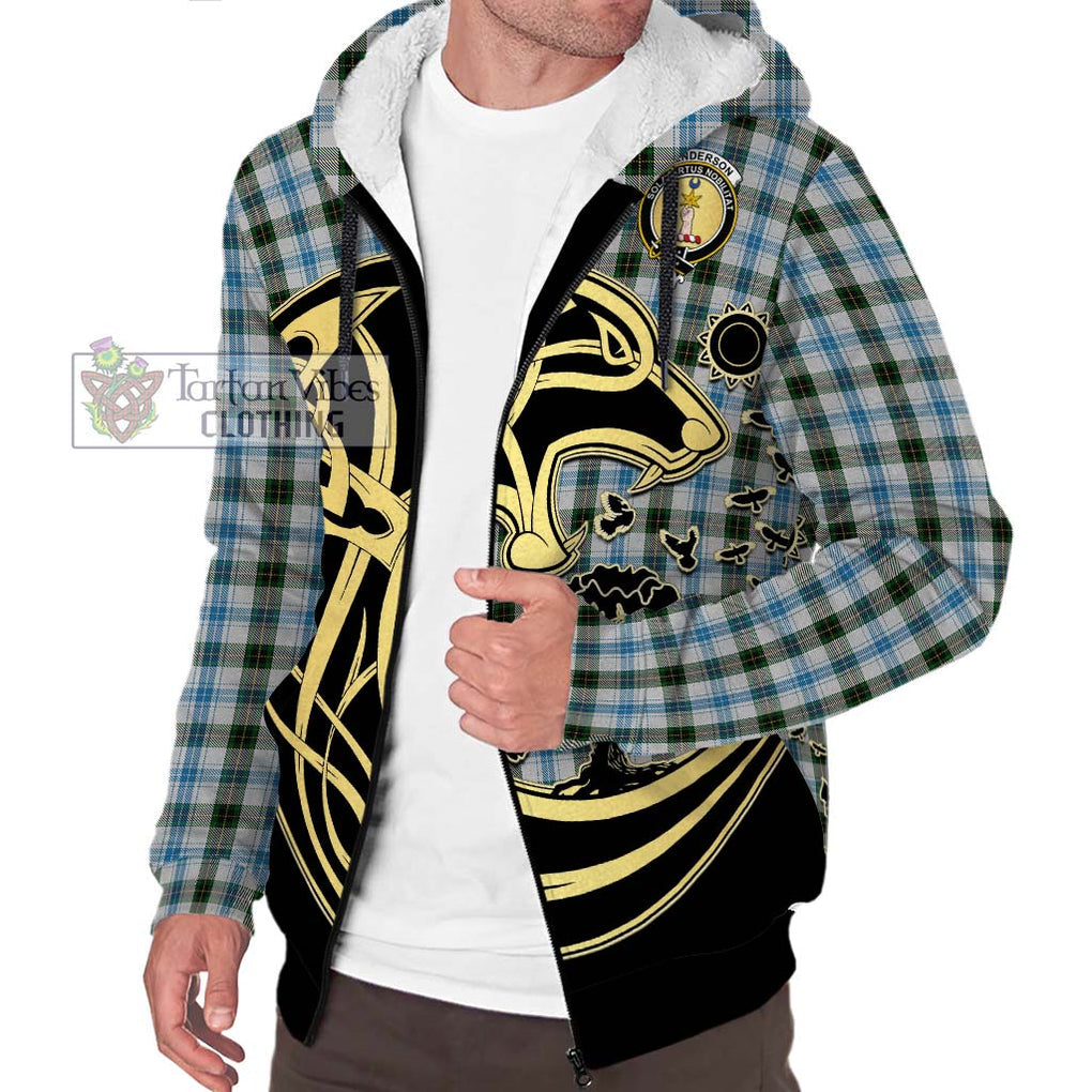 Henderson Dress Tartan Sherpa Hoodie with Family Crest Celtic Wolf Style Unisex S - Tartan Vibes Clothing