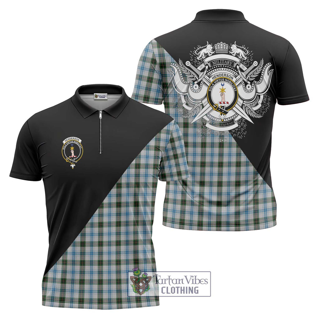 Henderson Dress Tartan Zipper Polo Shirt with Family Crest and Military Logo Style Unisex - Tartanvibesclothing Shop