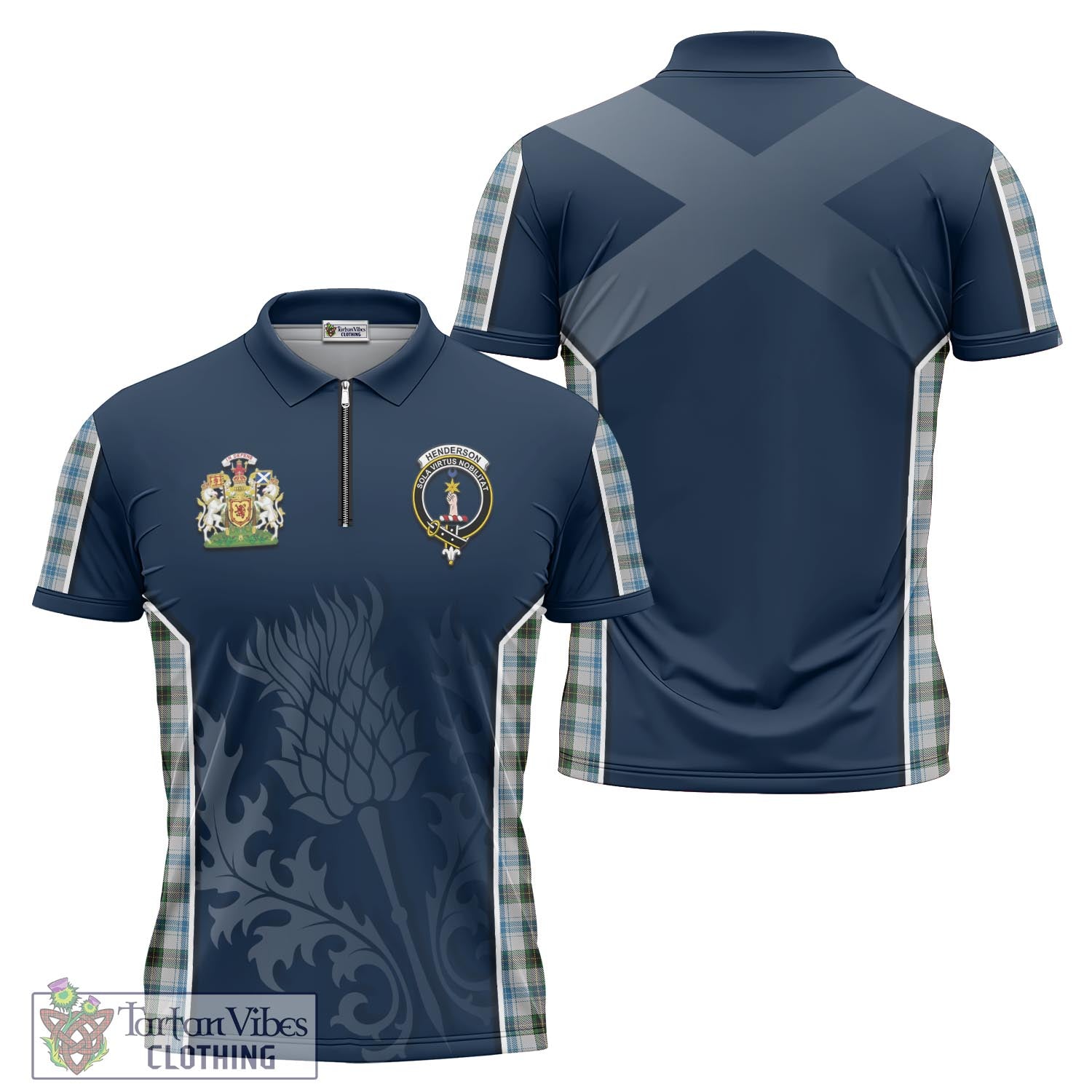 Tartan Vibes Clothing Henderson Dress Tartan Zipper Polo Shirt with Family Crest and Scottish Thistle Vibes Sport Style