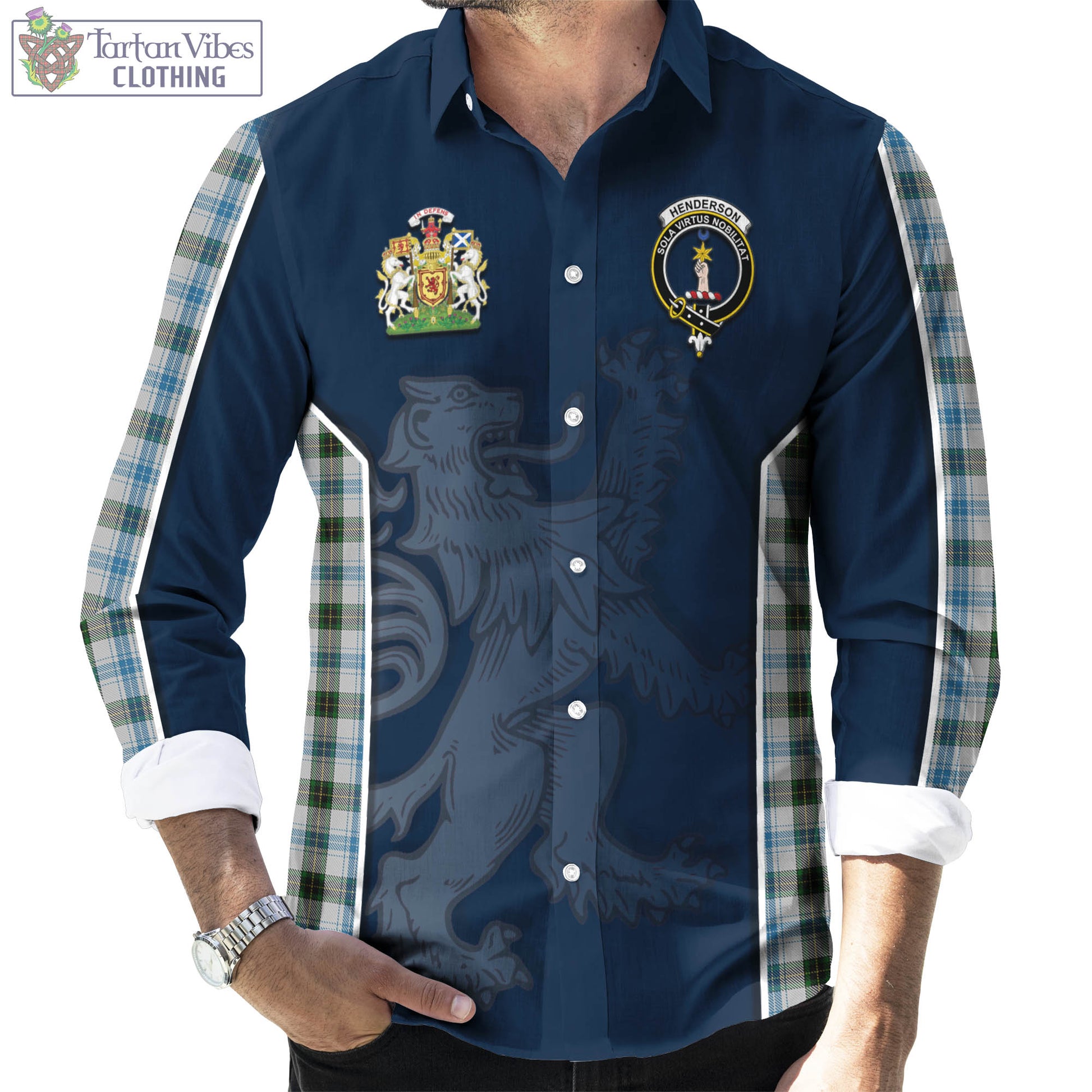 Tartan Vibes Clothing Henderson Dress Tartan Long Sleeve Button Up Shirt with Family Crest and Lion Rampant Vibes Sport Style