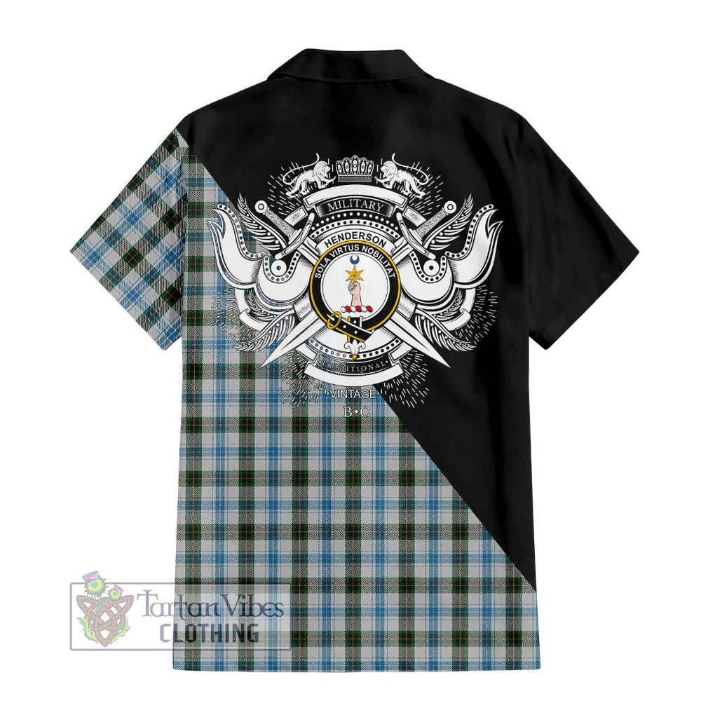 Henderson Dress Tartan Short Sleeve Button Shirt with Family Crest and Military Logo Style - Tartanvibesclothing Shop