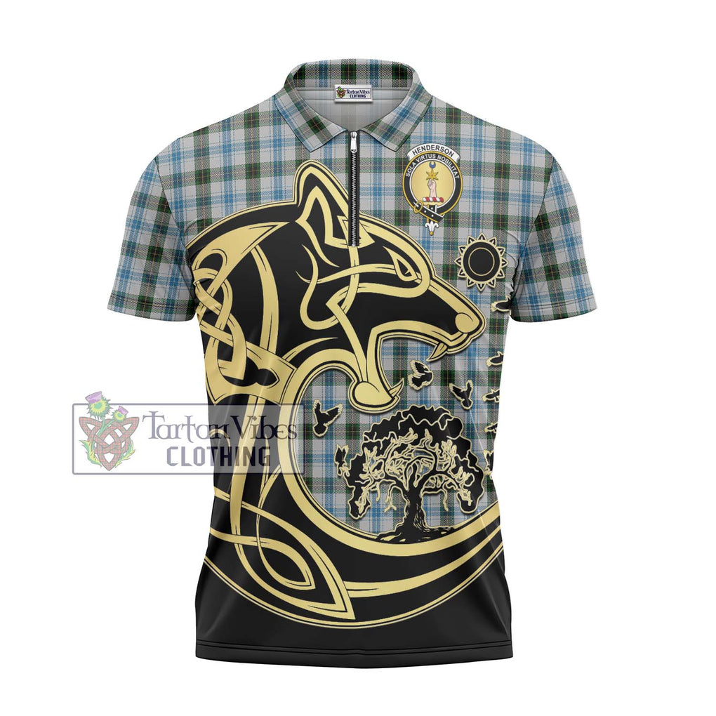 Henderson Dress Tartan Zipper Polo Shirt with Family Crest Celtic Wolf Style - Tartanvibesclothing Shop