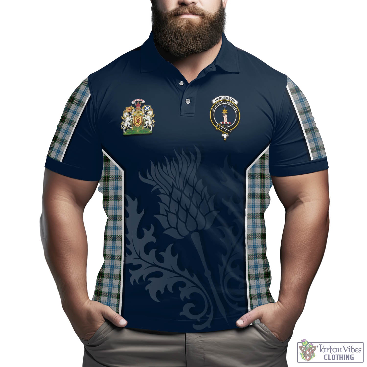 Tartan Vibes Clothing Henderson Dress Tartan Men's Polo Shirt with Family Crest and Scottish Thistle Vibes Sport Style