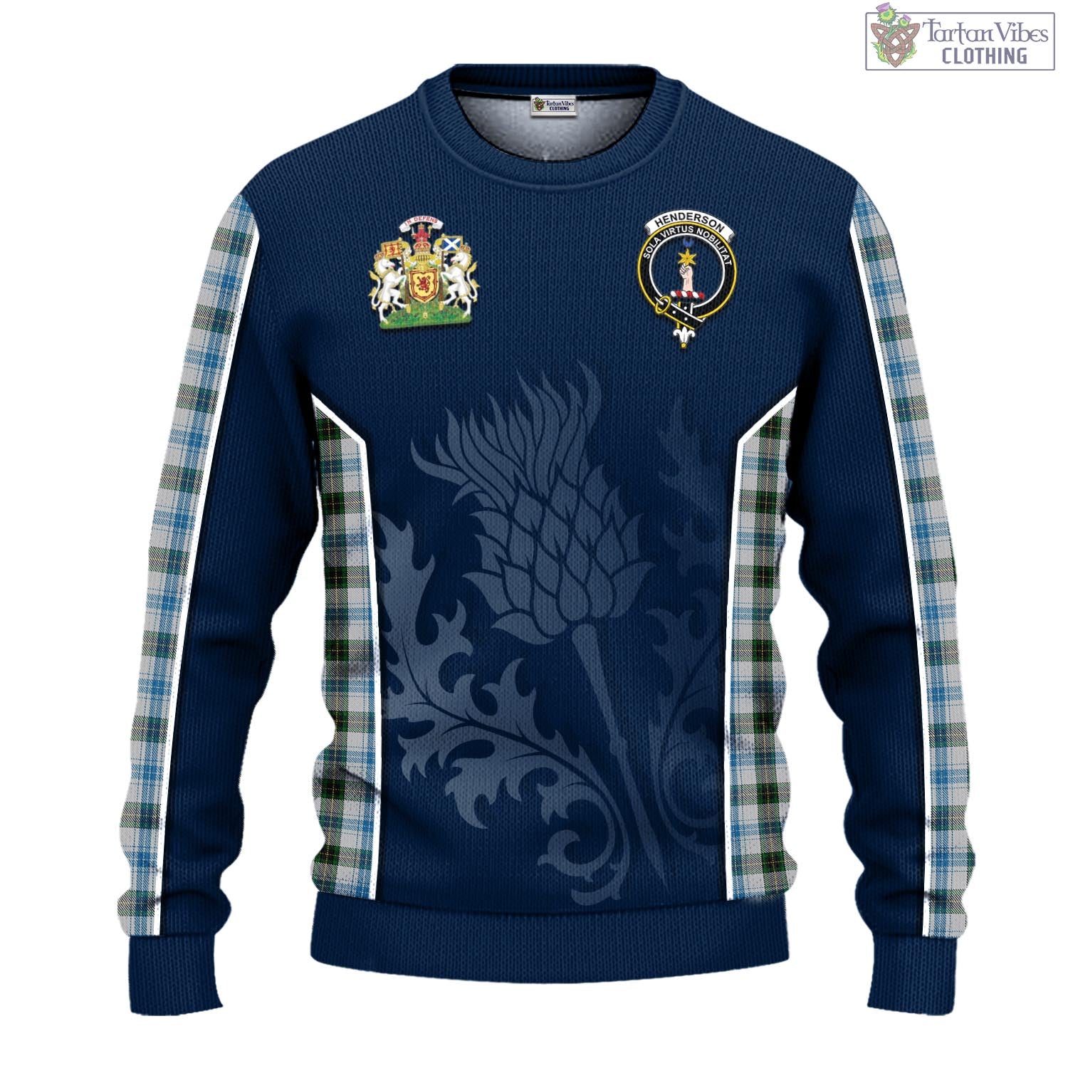 Tartan Vibes Clothing Henderson Dress Tartan Knitted Sweatshirt with Family Crest and Scottish Thistle Vibes Sport Style