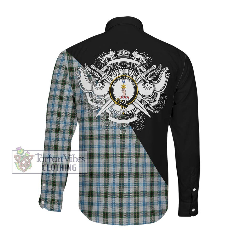 Henderson Dress Tartan Long Sleeve Button Shirt with Family Crest and Military Logo Style Men's Shirt - Tartanvibesclothing Shop