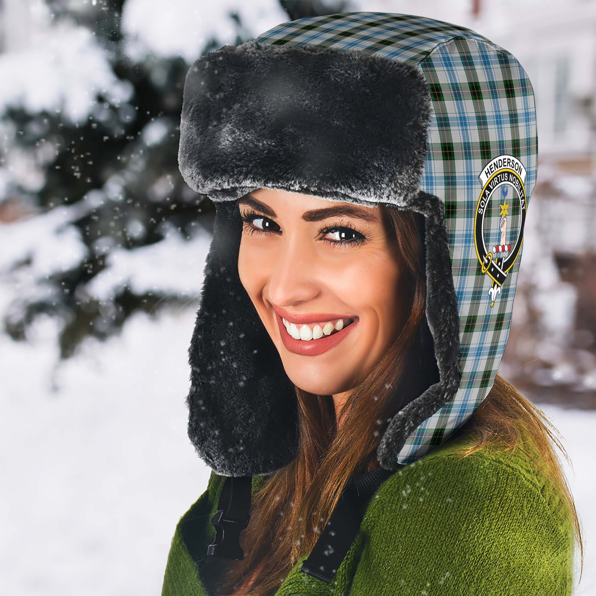 Henderson Dress Tartan Winter Trapper Hat with Family Crest - Tartanvibesclothing