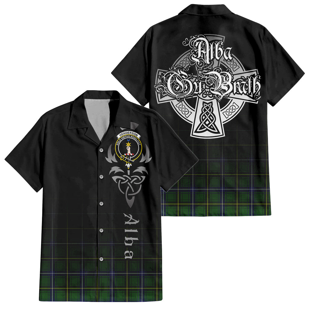 Tartan Vibes Clothing Henderson Modern Tartan Short Sleeve Button Up Featuring Alba Gu Brath Family Crest Celtic Inspired