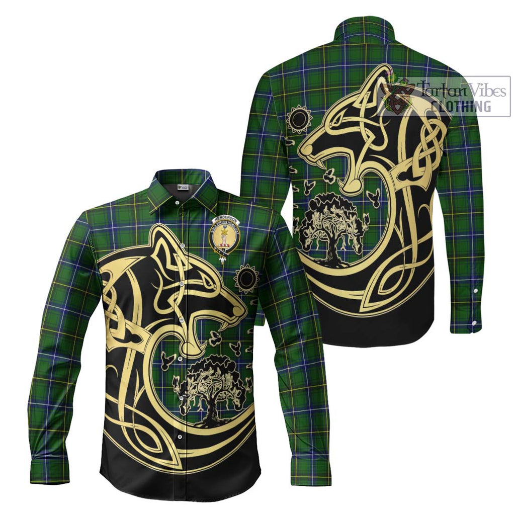 Henderson Tartan Long Sleeve Button Shirt with Family Crest Celtic Wolf Style Men's Shirt S - Tartan Vibes Clothing