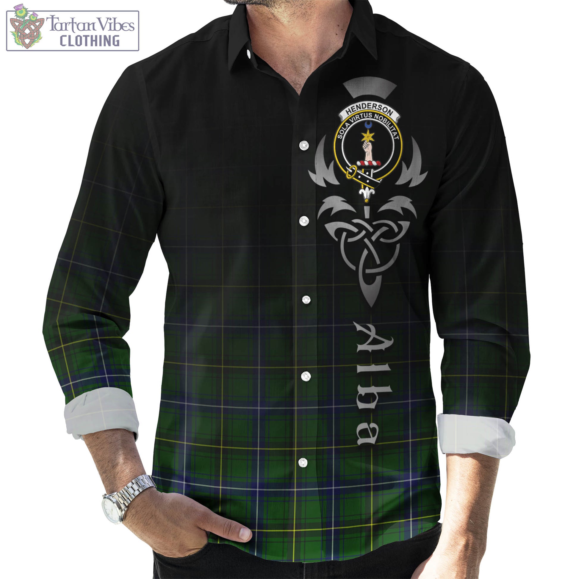 Tartan Vibes Clothing Henderson Modern Tartan Long Sleeve Button Up Featuring Alba Gu Brath Family Crest Celtic Inspired