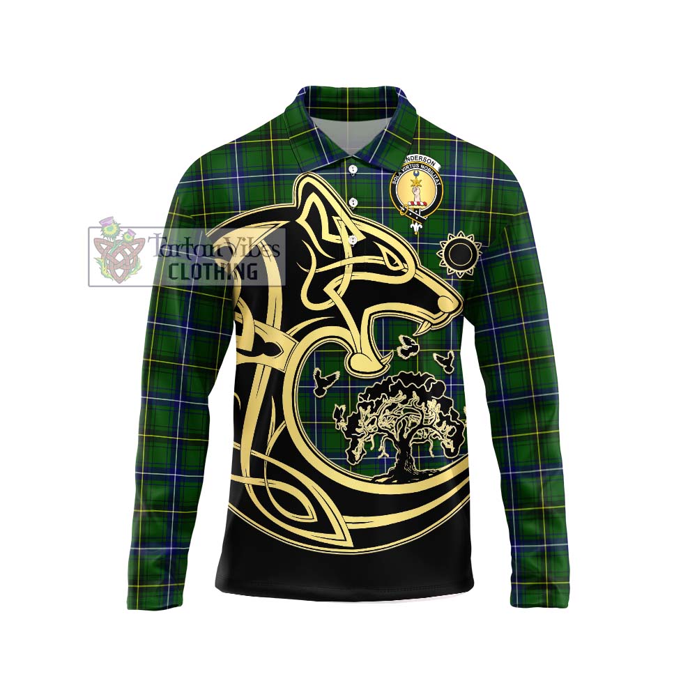 Henderson Tartan Long Sleeve Polo Shirt with Family Crest Celtic Wolf Style Unisex - Tartanvibesclothing Shop