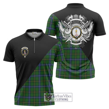 Henderson Tartan Zipper Polo Shirt with Family Crest and Military Logo Style