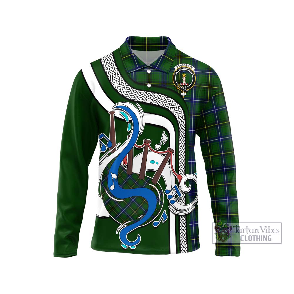 Tartan Vibes Clothing Henderson Modern Tartan Long Sleeve Polo Shirt with Epic Bagpipe Style