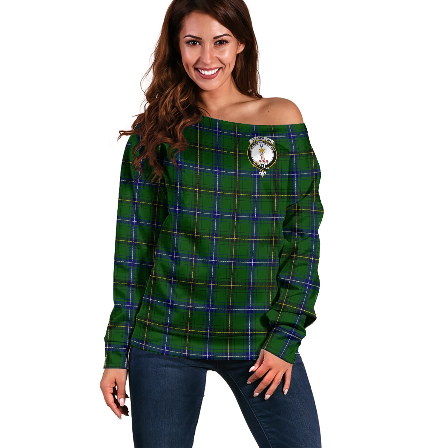 Henderson Modern Tartan Off Shoulder Women Sweater with Family Crest Women - Tartanvibesclothing