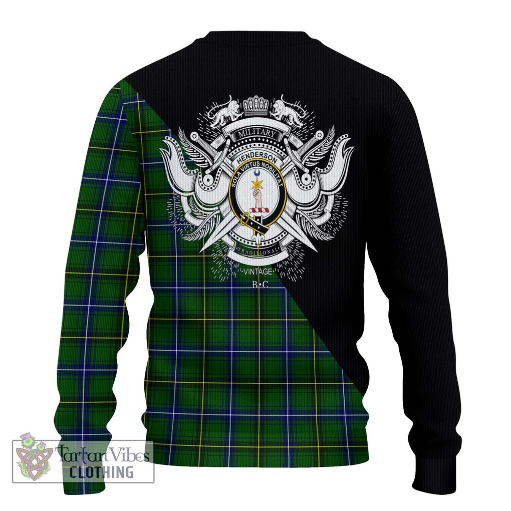 Henderson Tartan Knitted Sweater with Family Crest and Military Logo Style - Tartanvibesclothing Shop