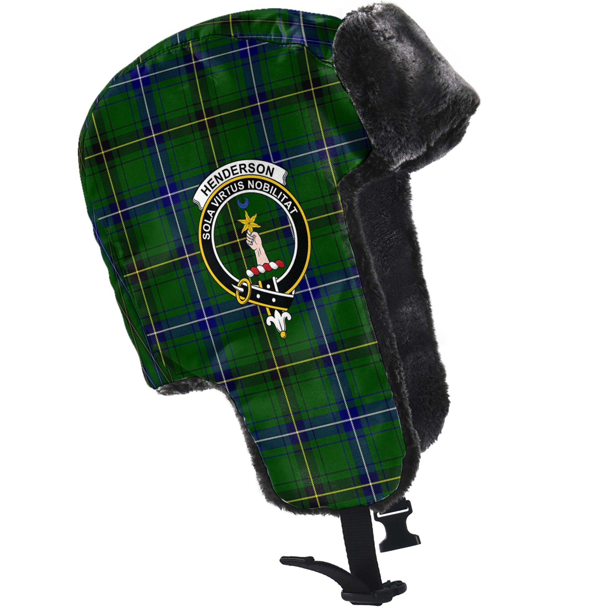 Henderson Modern Tartan Winter Trapper Hat with Family Crest - Tartanvibesclothing