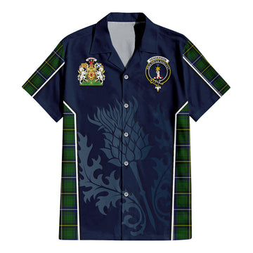 Henderson Tartan Short Sleeve Button Up Shirt with Family Crest and Scottish Thistle Vibes Sport Style