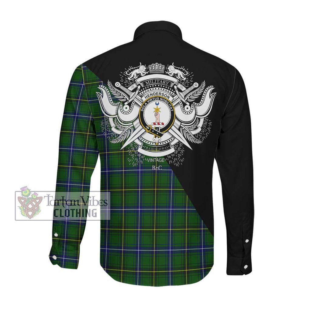 Henderson Tartan Long Sleeve Button Shirt with Family Crest and Military Logo Style Men's Shirt - Tartanvibesclothing Shop