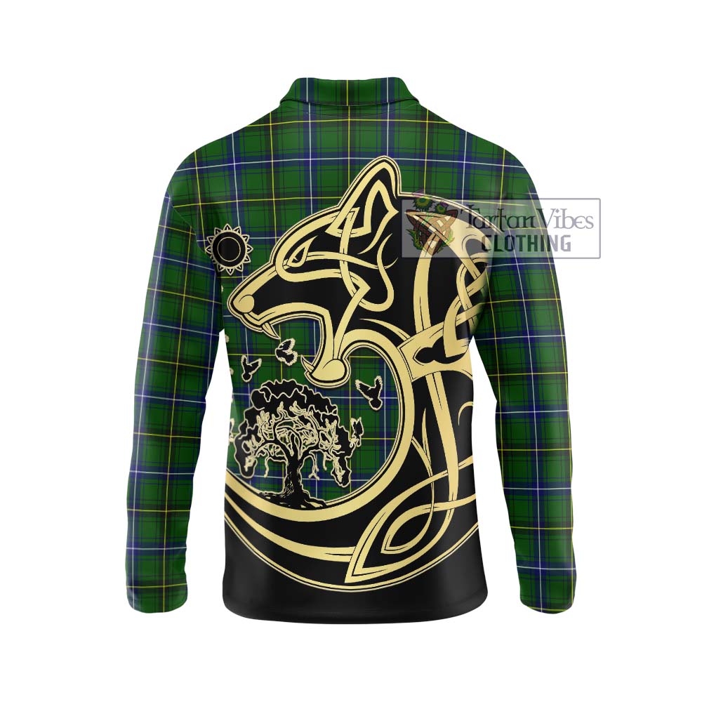 Henderson Tartan Long Sleeve Polo Shirt with Family Crest Celtic Wolf Style - Tartanvibesclothing Shop