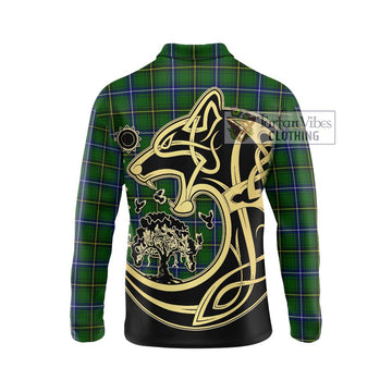 Henderson Tartan Long Sleeve Polo Shirt with Family Crest Celtic Wolf Style