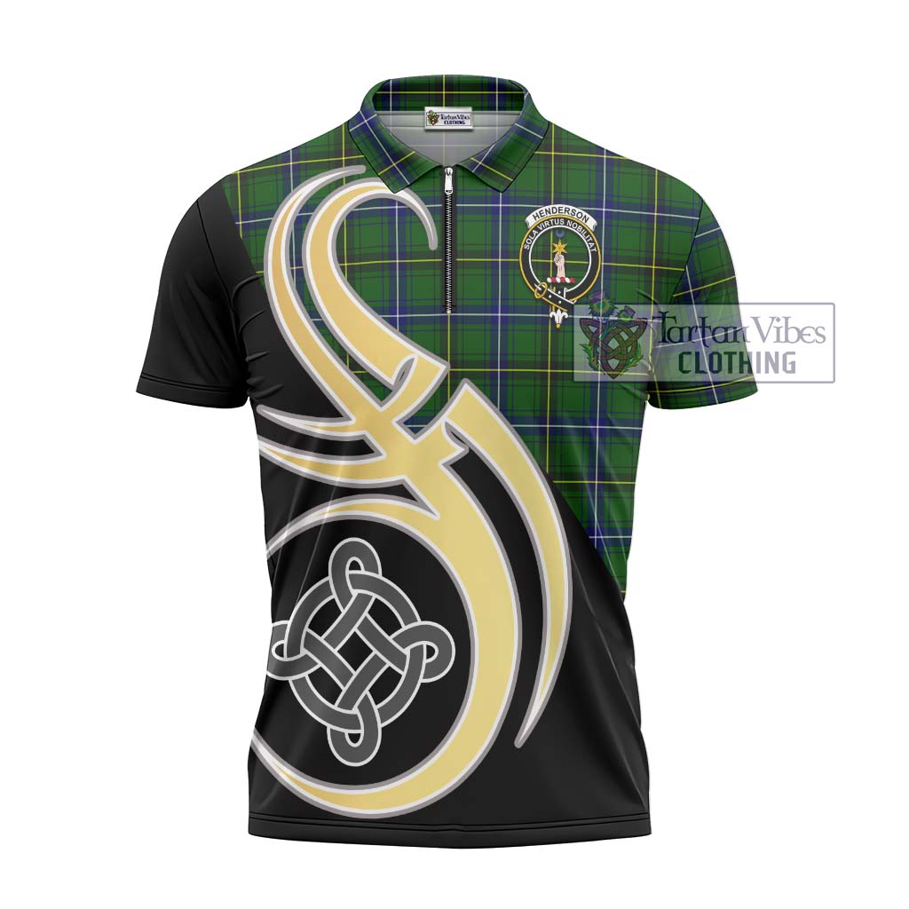 Tartan Vibes Clothing Henderson Modern Tartan Zipper Polo Shirt with Family Crest and Celtic Symbol Style