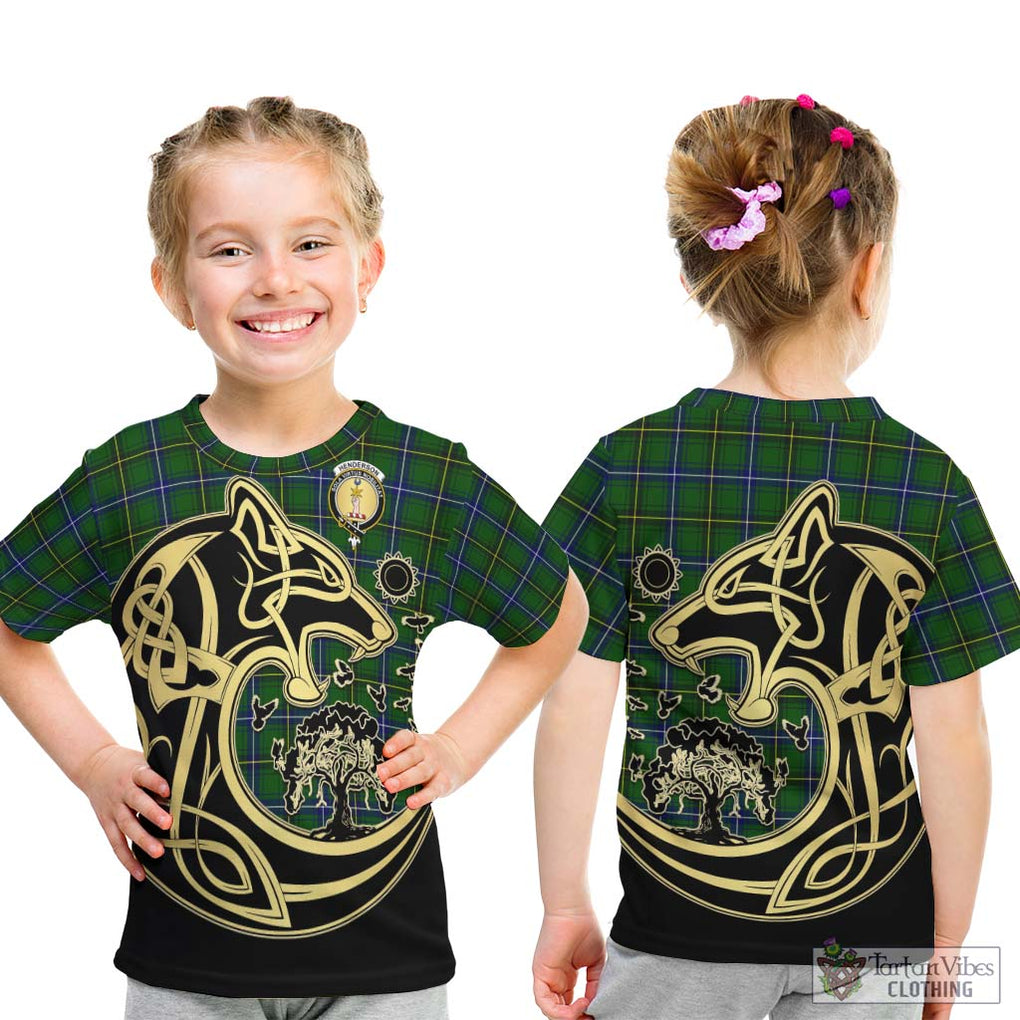 Henderson Tartan Kid T-Shirt with Family Crest Celtic Wolf Style - Tartan Vibes Clothing