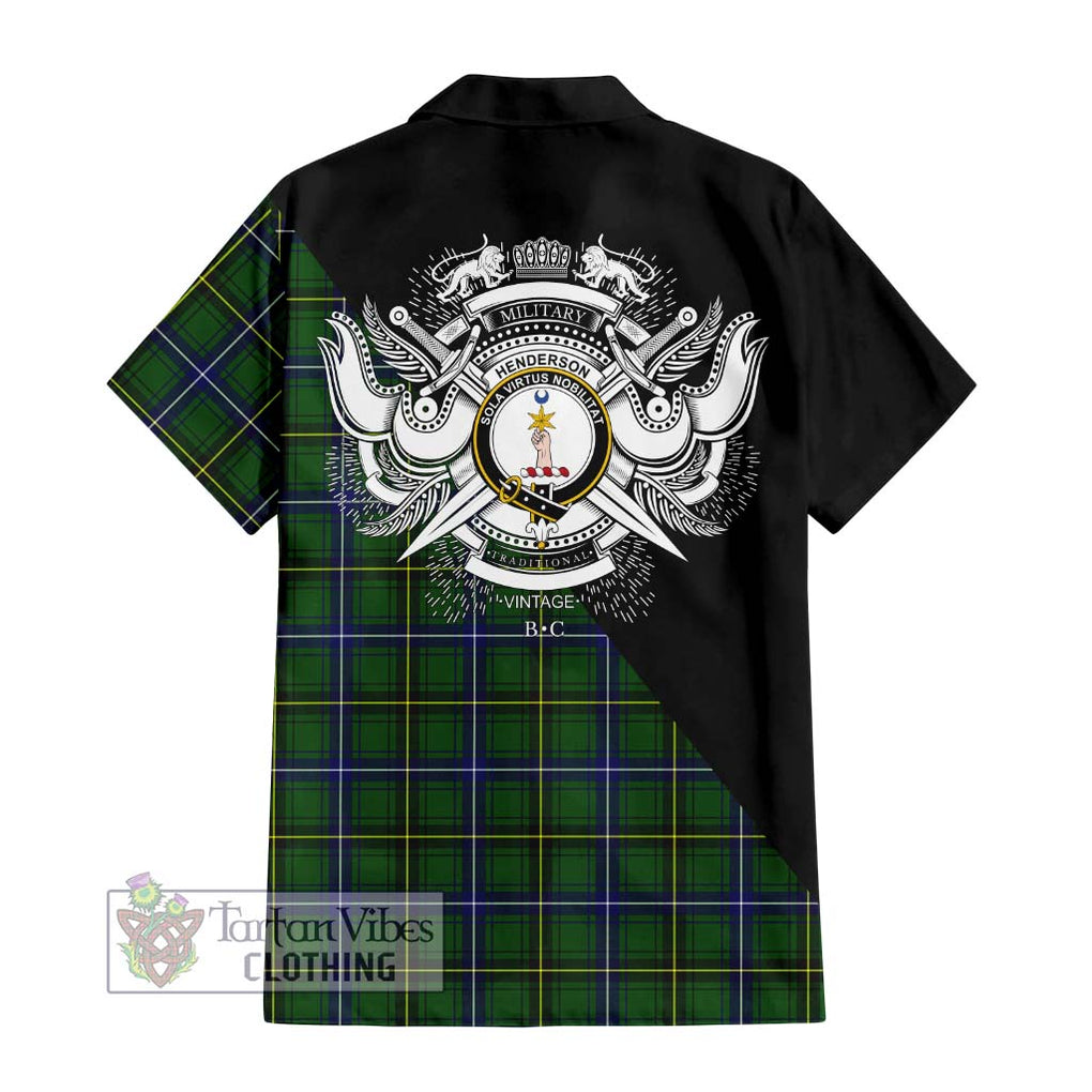 Henderson Tartan Short Sleeve Button Shirt with Family Crest and Military Logo Style - Tartanvibesclothing Shop