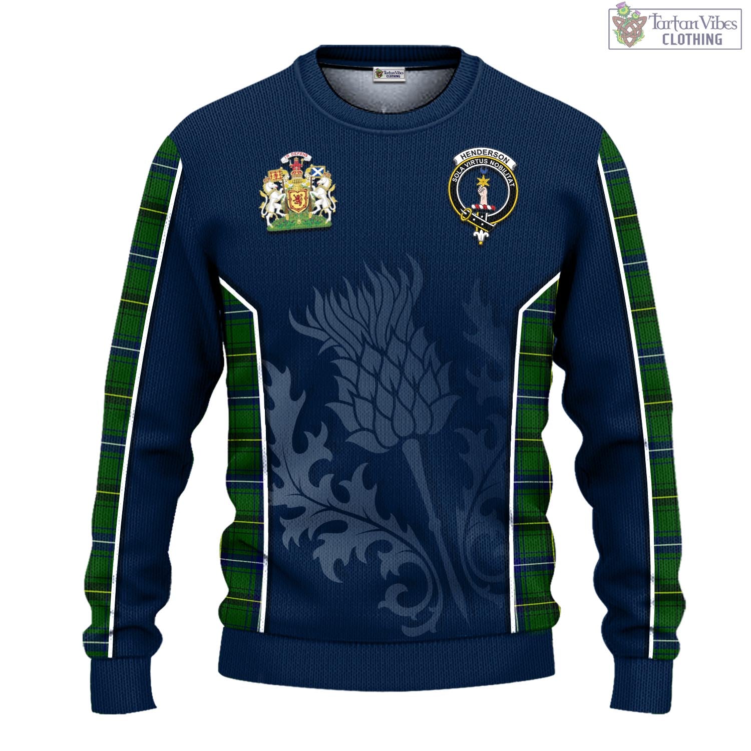 Tartan Vibes Clothing Henderson Modern Tartan Knitted Sweatshirt with Family Crest and Scottish Thistle Vibes Sport Style