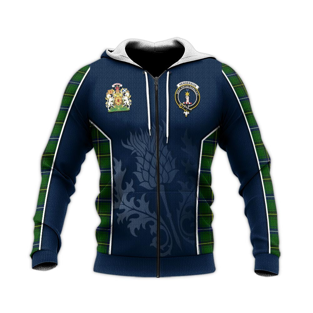 Tartan Vibes Clothing Henderson Modern Tartan Knitted Hoodie with Family Crest and Scottish Thistle Vibes Sport Style